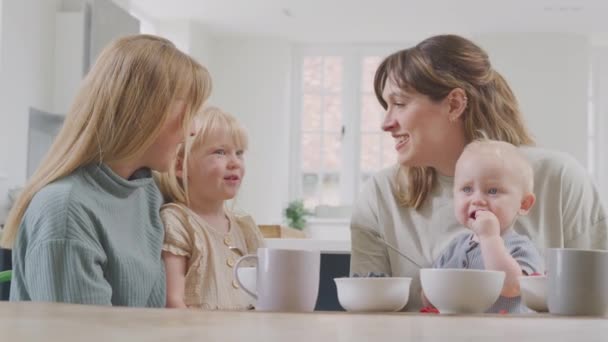 Same Sex Female Couple Having Healthy Breakfast Home Daughter Baby — Video Stock