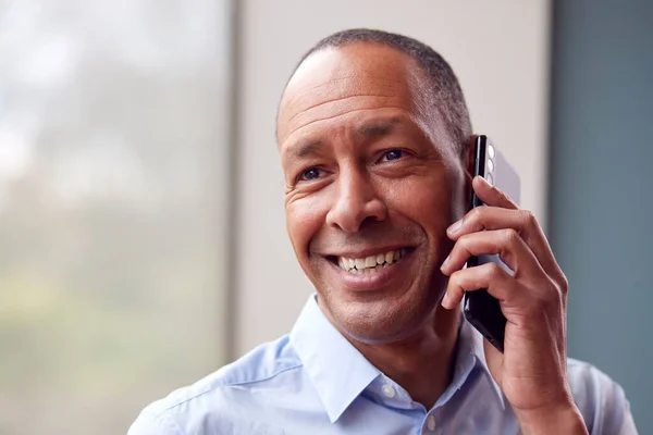 Head Shoulders Portrait Mature Man Businessman Making Phone Call Office — Stock Photo, Image