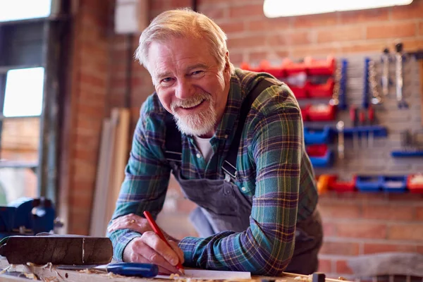 Portrait Senior Male Carpenter Garage Workshop Sketching Out Design Paper — Stock Photo, Image