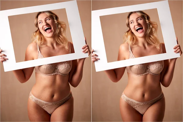 Composite Shot Showing Photo Woman Underwear Holding Picture Frame Retouching — Stock Photo, Image