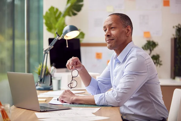 Mature Male Architect Laptop Working Office Desk Plans New Building — Stock Photo, Image