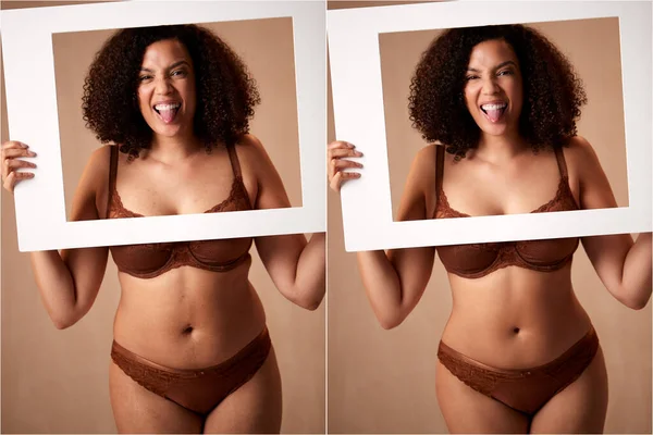 Tiro Compuesto Que Muestra Foto Mujer Ropa Interior Que Sostiene — Foto de Stock