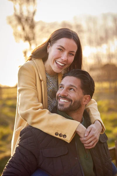 Loving Couple Walk Autumn Countryside Together — Stockfoto