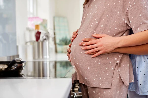 Närbild Samma Kön Par Med Kvinna Som Håller Gravida Partners — Stockfoto