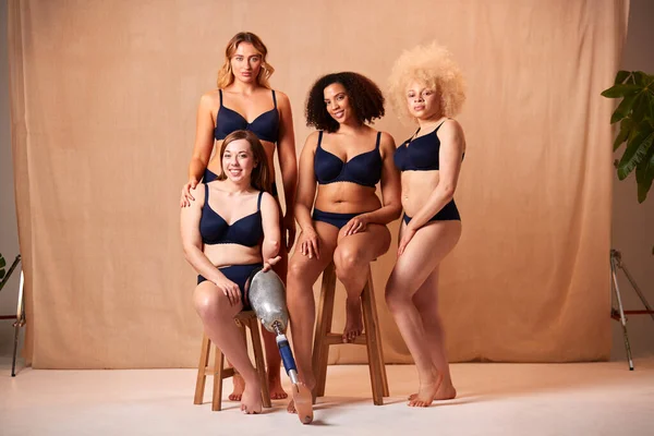 Group Of Diverse Women Friends One With Prosthetic Limb In Underwear Promoting Body Positivity