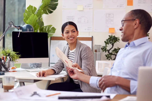 Male Female Architects Working Office Desks Discussing Document New Building — Stock Photo, Image