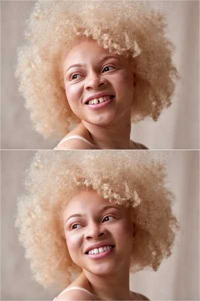 リタッチ前と後の女性の頭部と肩の写真を示す複合ショット — ストック写真