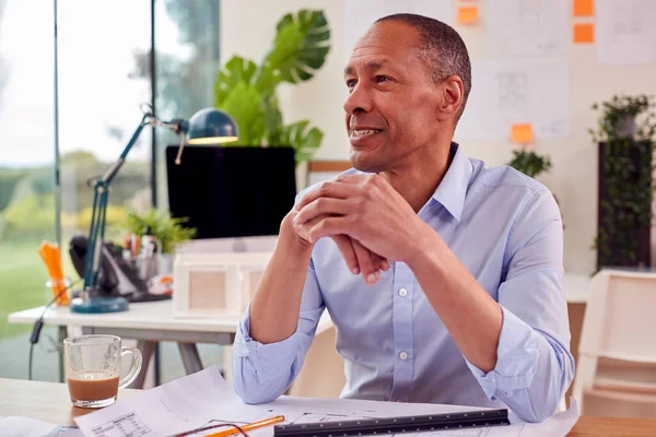 Mature Male Architect Working Office Desk Plans New Building — Stock Photo, Image