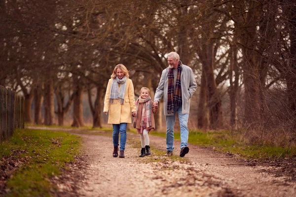 Großeltern Mit Enkelin Draußen Die Händchenhaltend Durch Winterliches Land Läuft — Stockfoto