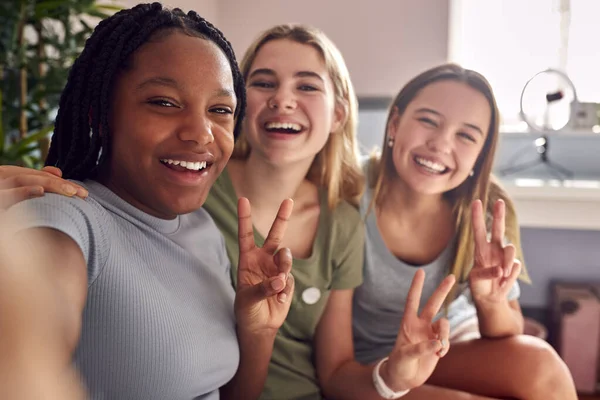 Group Of Smiling Multi-Cultural Teenage Girl Friends Posing For Selfie On Mobile Phone At Home