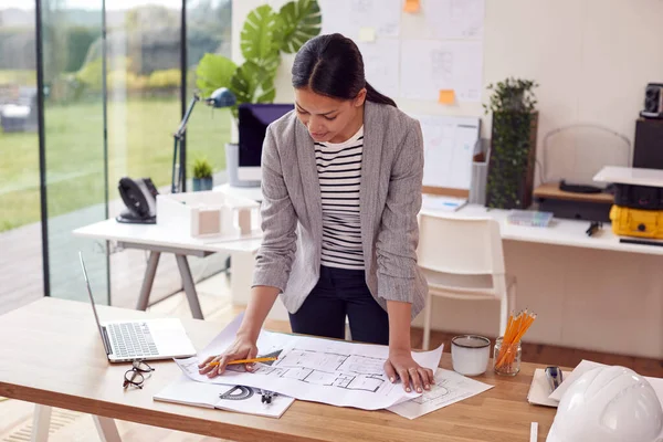 Arquitecta Femenina Pie Trabajando Oficina Estudiando Planes Para Nuevo Edificio — Foto de Stock