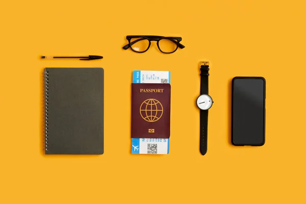 Flat Lay Shot Business Travel Accessories Yellow Background — Stock Photo, Image