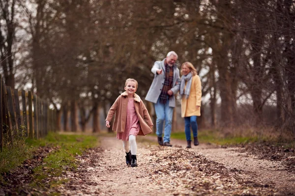 Großeltern Mit Enkelin Draußen Spazieren Durch Winterliches Land — Stockfoto