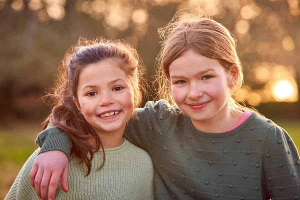 Porträt Von Zwei Mädchen Freien Mit Umeinander Liegenden Armen — Stockfoto