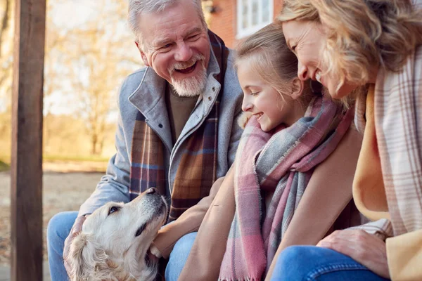 Grands Parents Avec Petite Fille Chien Compagnie Extérieur Maison Préparant — Photo