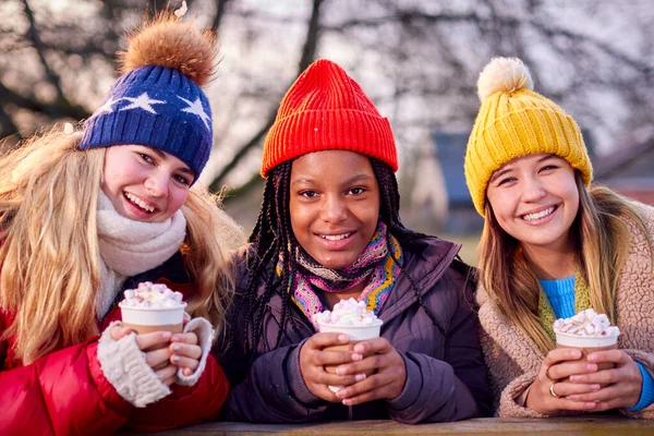 Portrait Teenage Girls Enjoying Hot Chocolate Snowy Winter Walk Countryside — Stock Photo, Image