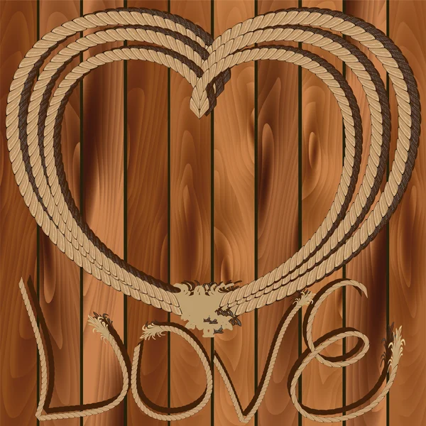 Καρδιά του σχοινιού σε ξύλινα φόντο — Διανυσματικό Αρχείο