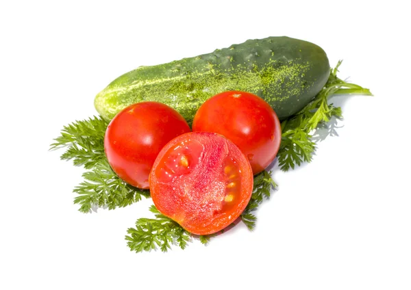 Świeże ogórki i pomidory na liście pietruszki — Zdjęcie stockowe