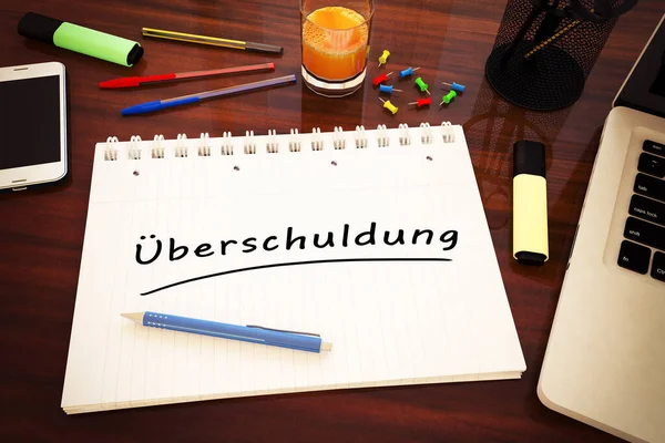 Ueberschuldung 負債のためのドイツ語の単語 机の上のノートブック内の手書きのテキスト 3Dレンダリングイラスト — ストック写真