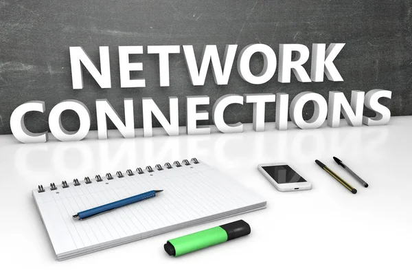 Network Connections Text Concept Chalkboard Notebook Pens Mobile Phone Render — Stock Photo, Image