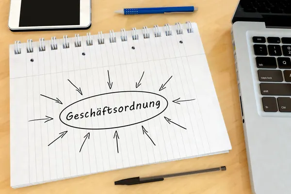 Geschaeftsordnung 手順のルールのためのドイツ語の単語 机の上のノートブック内の手書きテキスト 3Dレンダリングイラスト — ストック写真
