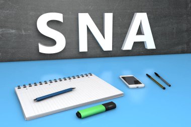 SNA - Sistem Ağı Mimarisi - yazı tahtası, defter, kalem ve cep telefonlu metin kavramı. 3 Boyutlu resimleme.