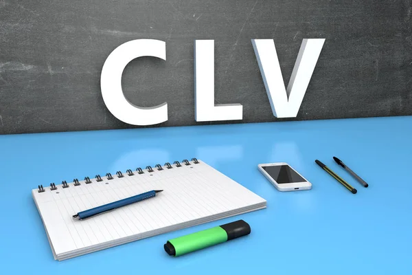 Clv Customer Lifetime Value Textkonzept Mit Tafel Notizbuch Stiften Und — Stockfoto