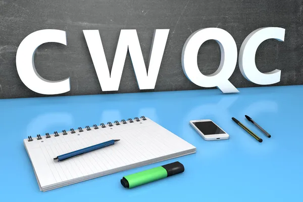 Cwqc Company Wide Quality Control Concetto Testo Con Lavagna Notebook — Foto Stock