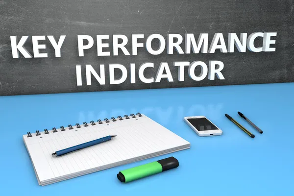 Kpi Indicador Rendimiento Clave Concepto Texto Con Pizarra Portátil Bolígrafos — Foto de Stock