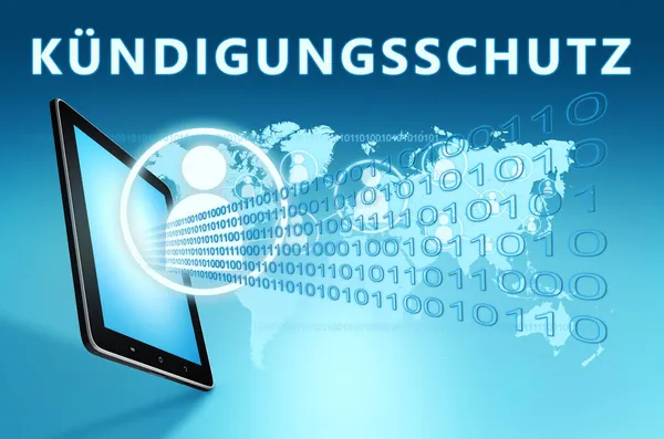 Kuendigungsschutz 德国词 用于防止解雇 蓝色沃尔德地图背景上的平板计算机的文本概念 3D渲染说明 — 图库照片