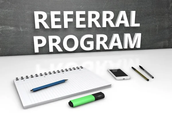 프로그램 Referral Program 노트북 휴대폰으로 구성된 텍스트 개념이다 렌더링 일러스트 — 스톡 사진