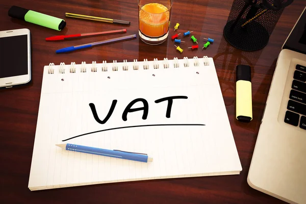 Vat Value Add Tax 机の上のノートブック内の手書きテキスト 3Dレンダリングイラスト — ストック写真