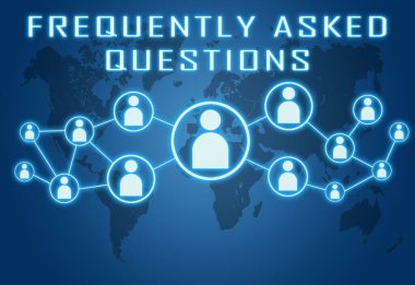 Frequently asked questions - text concept on blue background with world map and social icons.
