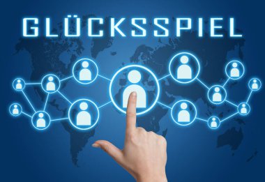 Gluecksspiel - german word for gambling or game of chance - text concept with hand pressing social icons on blue world map background.