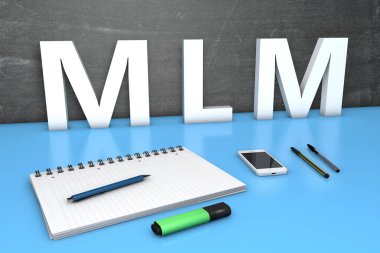 MLM - Çok Düzey Pazarlama - karatahta, defter, kalem ve cep telefonlu metin kavramı. 3 Boyutlu resimleme.