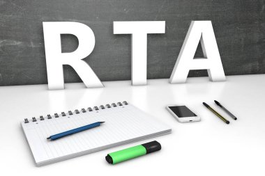 RTA - Real Time Reklamcılık - karatahta, defter, kalem ve cep telefonlu metin kavramı. 3 Boyutlu resimleme.