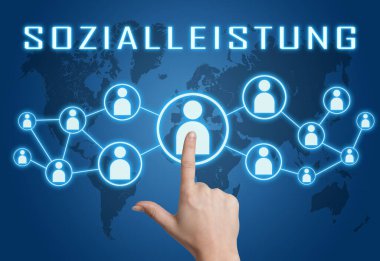 Sozialleistung - german word for social benefits or welfare benefits - text concept with hand pressing social icons on blue world map background.