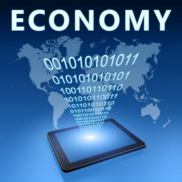 Economie Tekst Concept Met Tablet Computer Blauwe Wolrd Kaart Achtergrond — Stockfoto