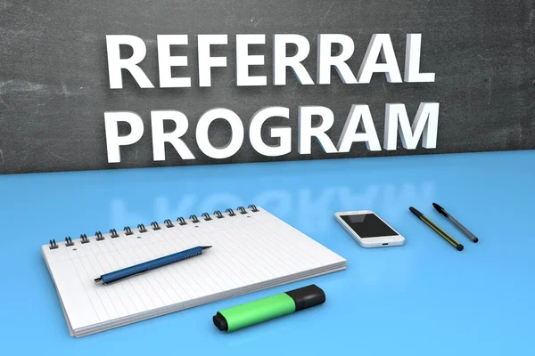 Referral Program Text Concept Chalkboard Notebook Pens Mobile Phone Render — Stock Photo, Image