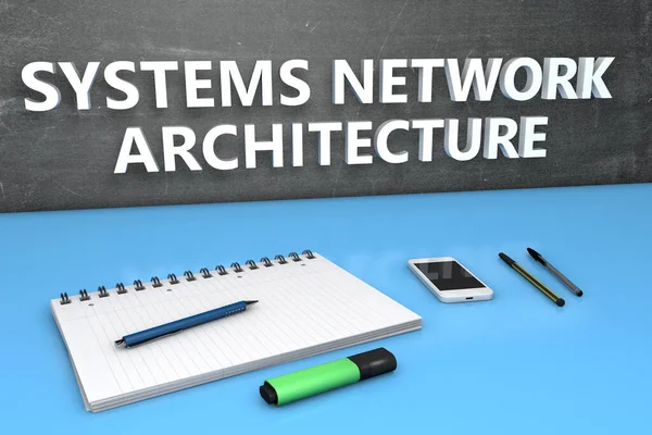 Sna Systems Network Architecture チャークボード ノートブック 携帯電話を備えたテキストコンセプト 3Dレンダリング図 — ストック写真