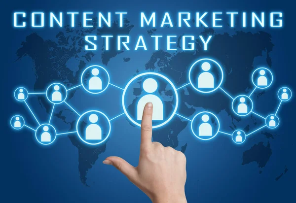 Estrategia Marketing Contenidos Concepto Texto Con Iconos Sociales Pulsantes Mano — Foto de Stock