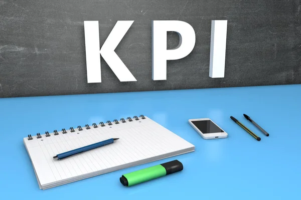 Kpi Key Performance Indicator Text Concept Chalkboard Notebook Pens Mobile — Stock Photo, Image