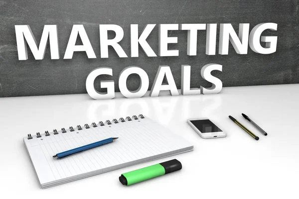 Marketing Goals Text Concept Chalkboard Notebook Pens Mobile Phone Render — Stock Photo, Image