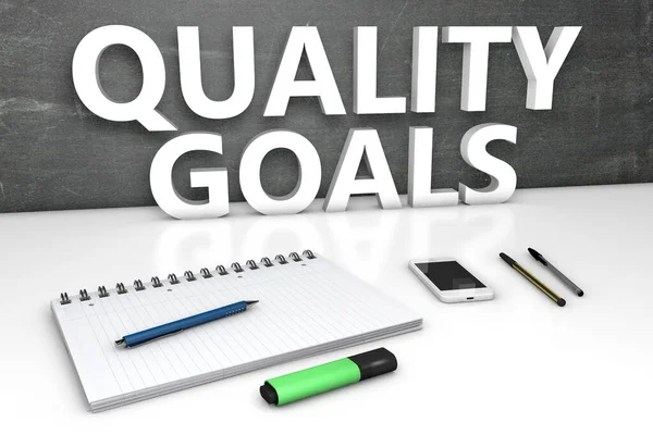 Quality Goals Tekstconcept Met Schoolbord Notitieboekje Pennen Mobiele Telefoon Weergave — Stockfoto