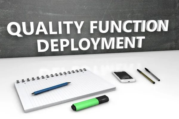 Qfd Quality Function Deployment Text Concept Chalkboard Notebook Pens Mobile — Stock Photo, Image