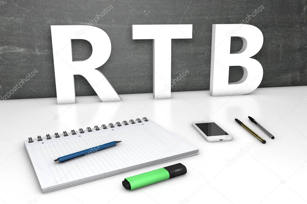 RTB - Real Time Bidding - text concept with chalkboard, notebook, pens and mobile phone. 3D render illustration.