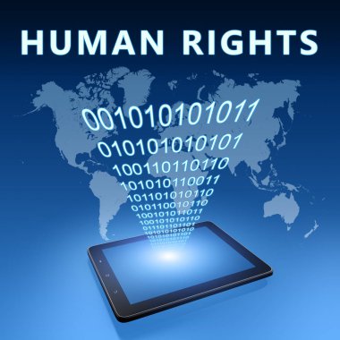 İnsan Hakları - mavi Wolrd harita arka planında tablet bilgisayarlı metin kavramı - 3D resimleme.