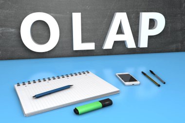 OLAP - Çevrimiçi Analitik İşlem - karatahta, defter, kalem ve cep telefonlu metin kavramı. 3 Boyutlu resimleme.