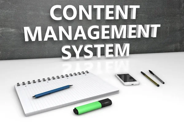 Cms Content Management System Textkonzept Mit Tafel Notizbuch Stiften Und — Stockfoto