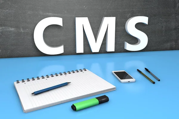 Cms Content Management System Textkonzept Mit Tafel Notizbuch Stiften Und — Stockfoto